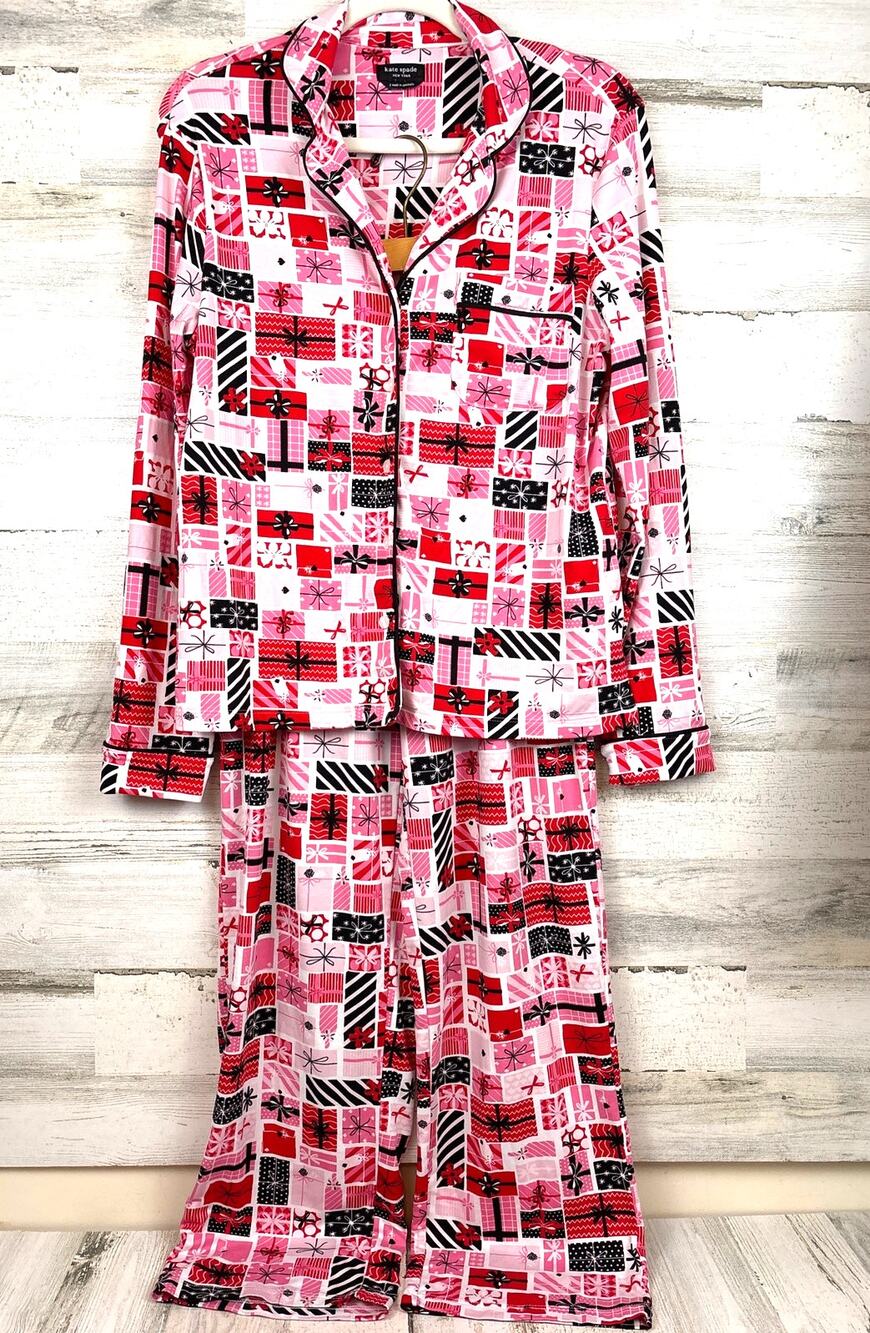 Kate Spade New York Womens S Pink Multi Pajama Set Top Pant Gift Holiday